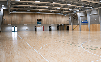 Hejsevæg samt bøsninger og opstregninger til badmintonbaner og håndboldbaner i Rønde Idrætscenter