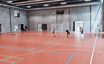 Idrætsudstyr som håndboldmål, bomskinner, ribber, tovskinner og spærrenet til idrætshallen i Hørning