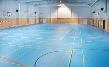 Indretning af idrætshallen med kvalitetsudstyr som basketballstativer, håndboldmål, netvæg og spærrenet fra A-Sport til moderne bevægelsesmiljø på Nordre Skole.